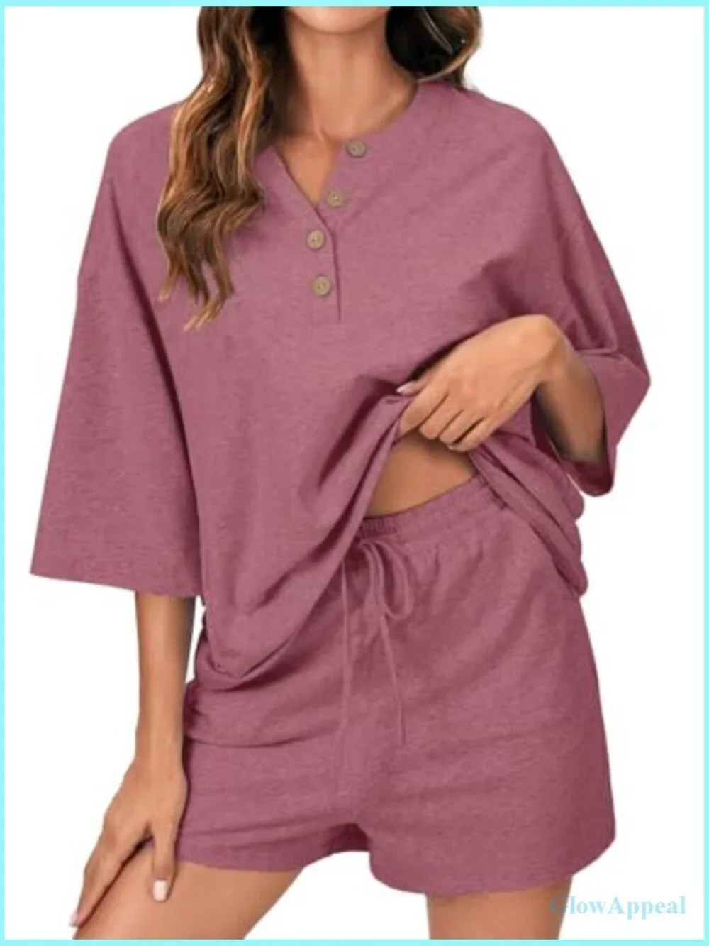 Women's 3/4 Sleeve Button Down Pajama Set with Shorts and Pockets